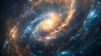 A galaxy with swirling orange and white spiral arms and a bright center. The background is black, and the galaxy is surrounded by stars. - obrazy, fototapety, plakaty