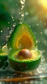 avocado (Persea americana) ,water,sunshine light, dreamy, light green background, generative ai