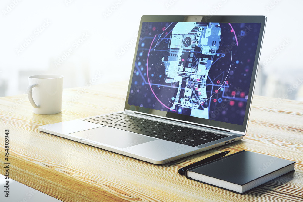 Fototapete modern computer monitor with creative artificial intelligence symbol. neural networks and machine le