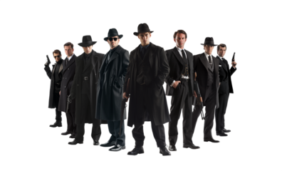 Group of gangsters. Handsome and mysterious men wearing trench coats, fedoras and guns. Noir style. Retro vintage style. Cinematic mafia pose. Transparent PNG background.  
