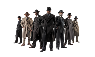 Group of African American gangsters. Handsome tough black men wearing trench coats, fedoras and guns. Transparent background. Retro noir cinematic style private detectives. Mobster.
