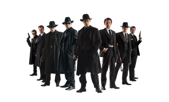Group of gangsters. Handsome and mysterious men wearing trench coats, fedoras and guns. Noir style. Retro vintage style. Cinematic mafia pose. Transparent PNG background.  
