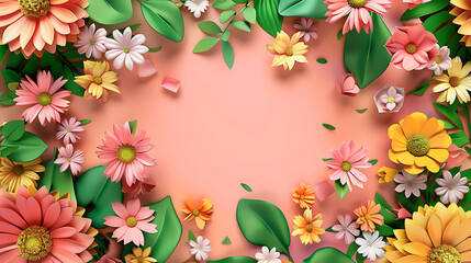 Paper art flowers and leaves frame on pink background. Vector illustration.