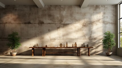 Bathroom interior with wooden bench and concrete wall.
