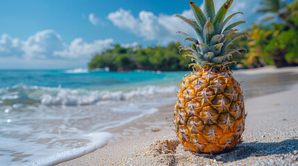 Pineapple fruit on sandy tropical beach with blue