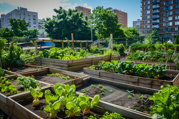 rooftop gardens and community allotments transforming urban spaces into productive hubs for growing fruits, vegetables, and herbs locally - obrazy, fototapety, plakaty