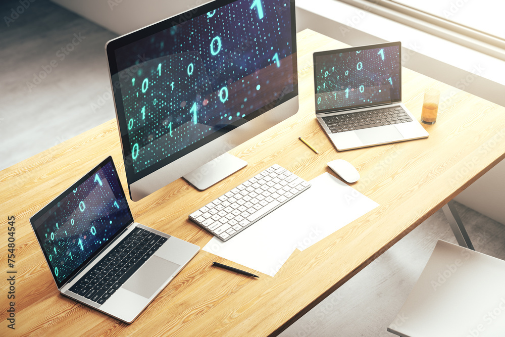 Aufkleber Creative abstract binary code sketch on modern laptop monitor, hacking and matrix concept. 3D Rendering