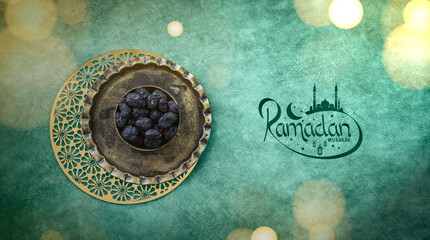 Ramadan Kareem greeting card image, Flatly image of dates with crescent moon on the table, 2024 Ramadan Mubarak banner design