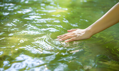 A hand touching the surface of pure green water of the river in nature on a sunny day, Generative AI
