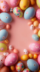 Fototapeta na wymiar An Easter egg border for a social media story against a pastel pink background with room for text. Pastel colours.