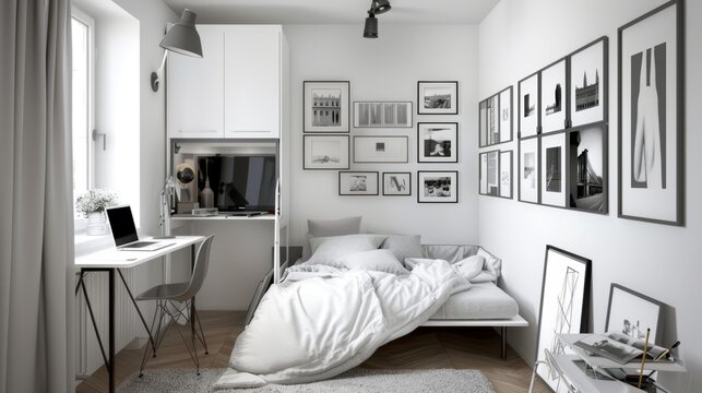Gallery Wall of Black and White Photos in Minimalist Studio Bedroom AI Generated.