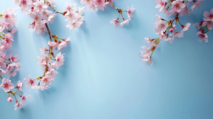 cherry blossom sakura branch on blue background with copy space