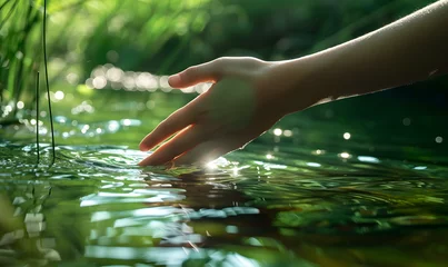 Fotobehang A hand touching the surface of pure green water of the river in nature on a sunny day, Generative AI © simba kim