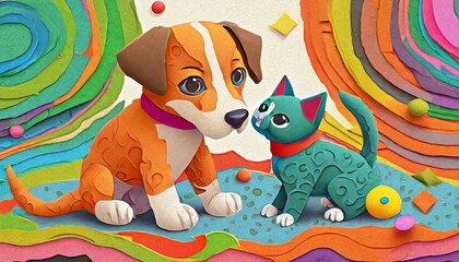 Un cachorro de perro jugando con un gatito, ambos hechos de plastilina colorida