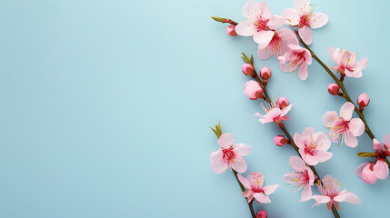 cherry blossom branch on blue background with copy space for text