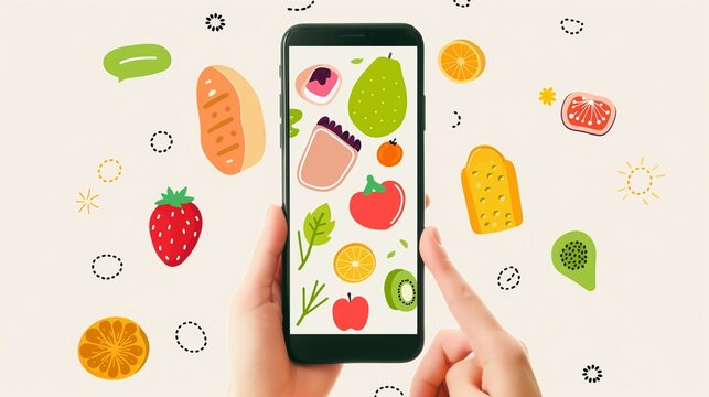 A woman holding a smartphone and taking a fresh vegetables photo on colorful background.