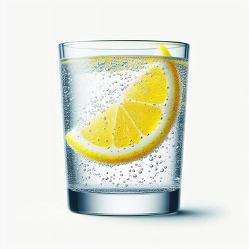 A glass of iced Lemon Sparkling Water isolated on a white background