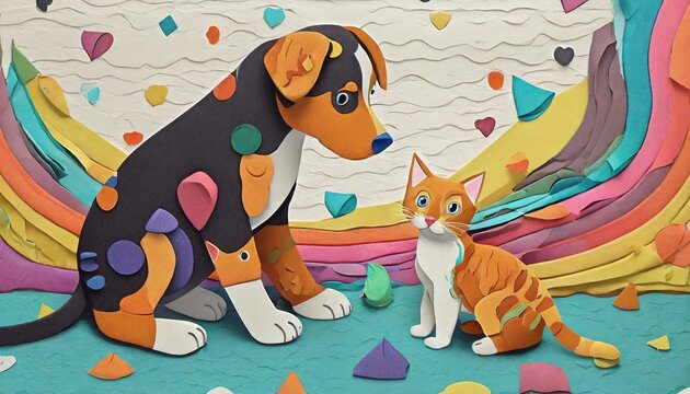 Un cachorro de perro jugando con un gatito, ambos hechos de plastilina colorida