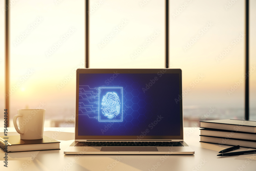 Aufkleber Modern computer display with abstract graphic fingerprint sketch, fingerprint scan data concept. 3D Rendering