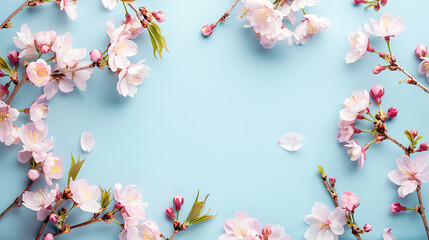 Beautiful cherry blossoms on light blue background, flat lay. Space for text