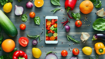 A woman holding a smartphone and fresh vegetables on colorful background. - obrazy, fototapety, plakaty