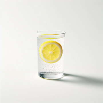 A glass of iced Lemon Sparkling Water isolated on a white background