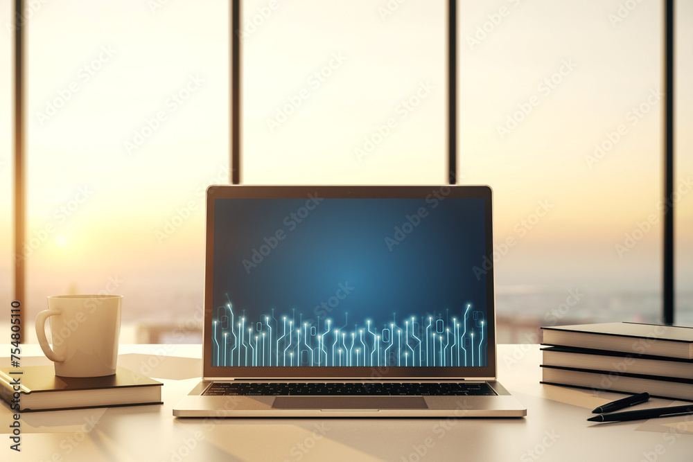 Leinwandbilder Creative abstract micro circuit sketch on modern laptop monitor, future technology and AI concept. 3D Rendering