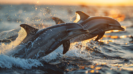 Playful bottlenose dolphins jumping - obrazy, fototapety, plakaty
