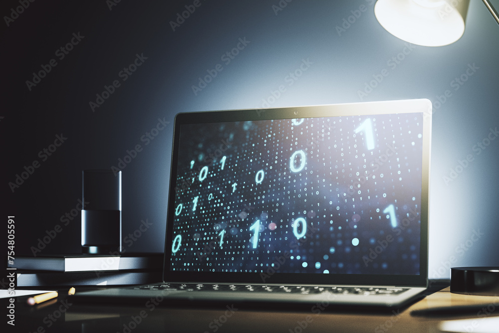 Aufkleber Modern computer monitor with creative abstract binary code hologram. Database and programming concept. 3D Rendering