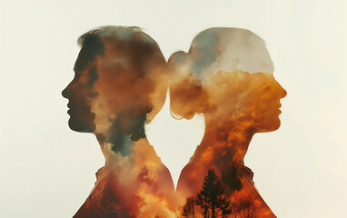 Double Exposure Silhouettes of Man and Woman: Artistic Conceptual Illustration of Gender Harmony...