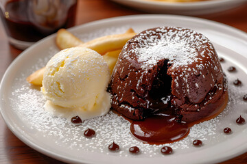 a decadent chocolate lava cake oozing with rich molten chocolate, dusted with powdered sugar and served with a scoop of vanilla ice cream