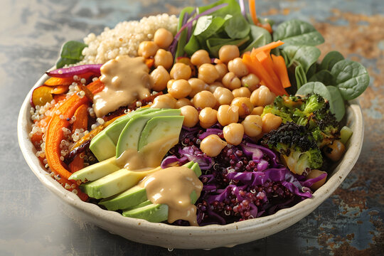 a colorful Buddha bowl filled with nutrient-rich ingredients such as quinoa, roasted vegetables, avocado slices, chickpeas, and tahini dressing