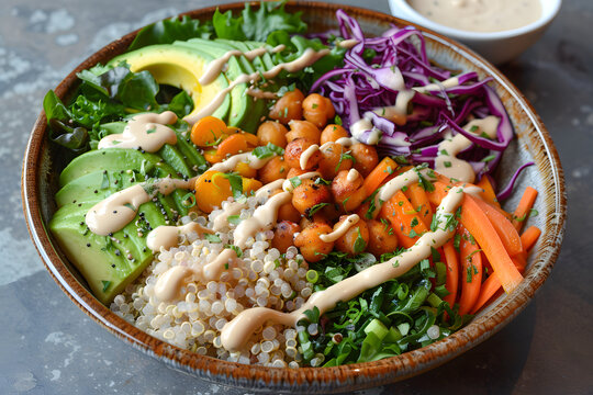  colorful Buddha bowl filled with nutrient-rich ingredients such as quinoa, roasted vegetables, avocado slices, chickpeas, and tahini dressing