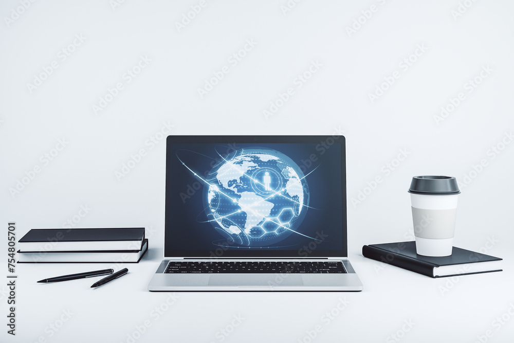 Poster Social network concept with world map on modern laptop screen. 3D Rendering