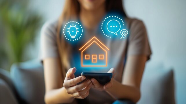 A woman holding phone with a chat speech bubble and virtual house on it.
