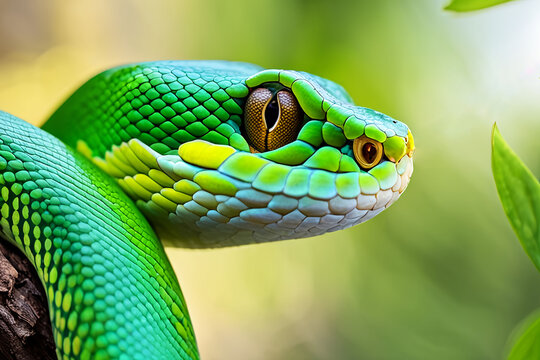 A close-up image of a vibrant green tree python coiled around a tree trunk 
