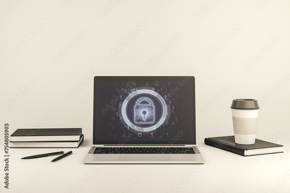 Poster Creative idea concept with lock symbol and microcircuit illustration on modern laptop screen. Protection and firewall concept. 3D Rendering