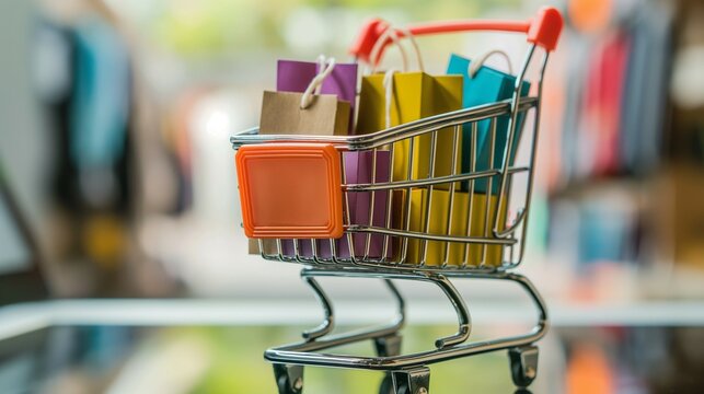 A Colorful Shopping Bags On Shopping Trolley.
