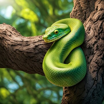 A close-up image of a vibrant green tree python coiled around a tree trunk 
