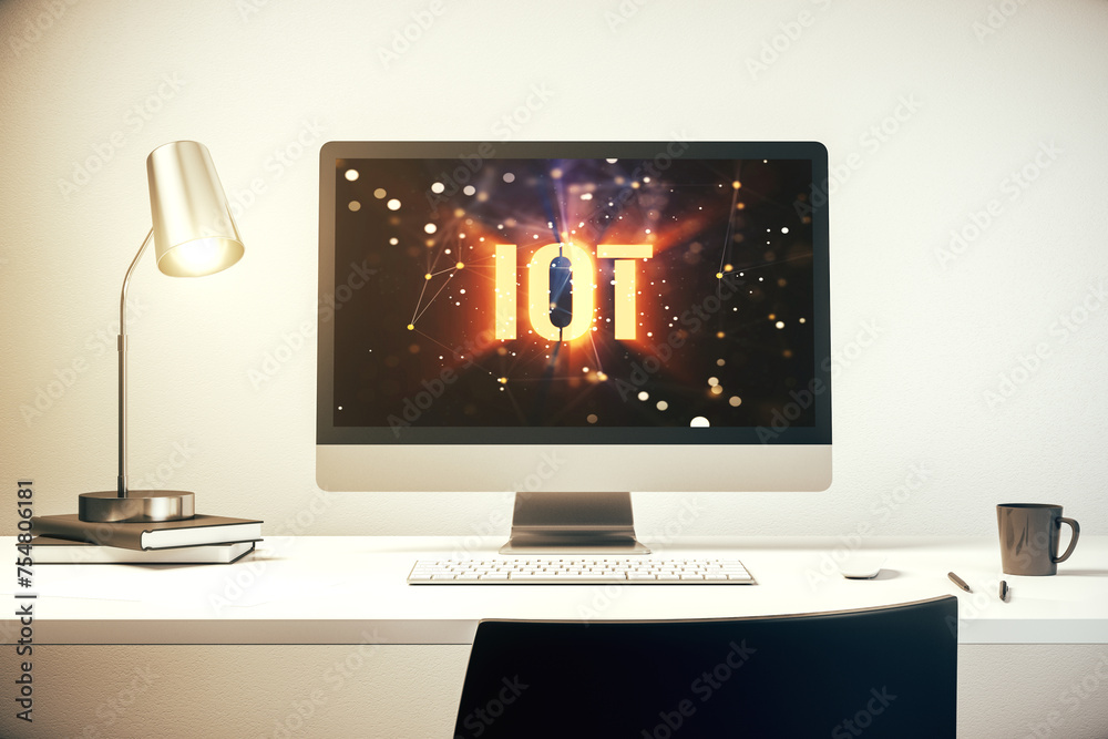 Poster creative iot concept on modern laptop screen. 3d rendering