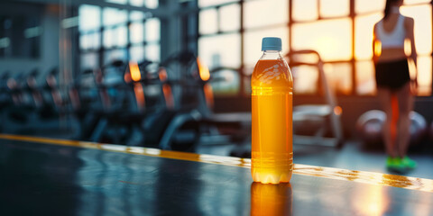 Brightly colored sports drink bottle on a gym floor, foregrounding activity and stamina with a sunset glow