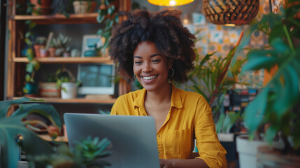 Inclusive image of a happy young woman working remotely on a virtual video team meeting call, remote work and flexible culture concept	
 - Powered by Adobe