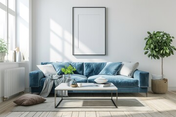 Modern Living Room with Blue Sofa and Blank Poster