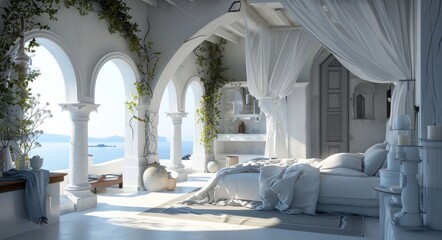 Santorini Luxe: A Serene Bedroom Retreat Amidst Grecian Beauty