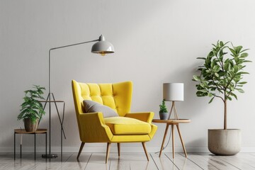 Modern Scandinavian Interior with Yellow Armchair and Floor Lamp