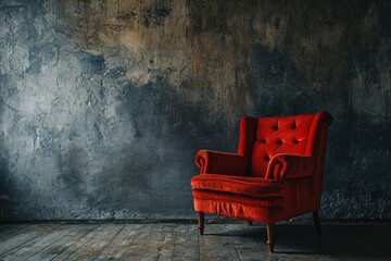Vintage Luxury: Empty Red Armchair in Elegant Dark Interior with Copy Space