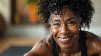 Professional Portrait of an active black African American mature woman smiling and doing fitness pilates at her home gym	
