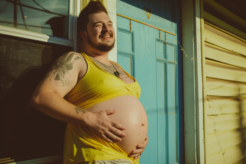 Happy candid heavily oregnant transgender man cradling his growing belly. Inclusion and diversity in motherhood. 