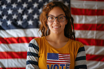 young Black female USA American election voter portrait in front of American flag