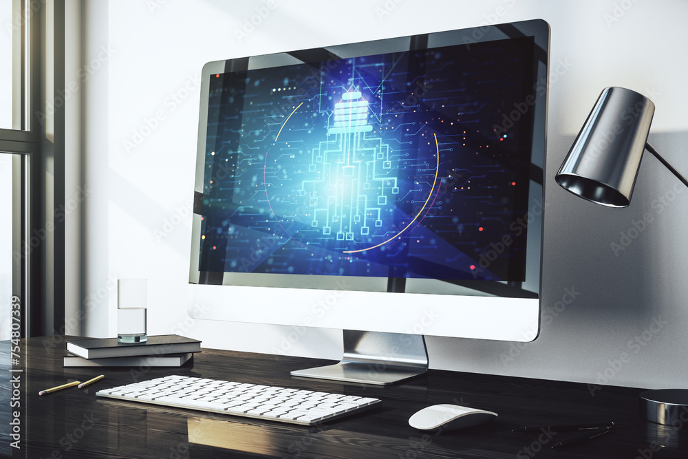 Poster Creative idea concept with light bulb and microcircuit illustration on modern laptop screen. Neural networks and machine learning concept. 3D Rendering